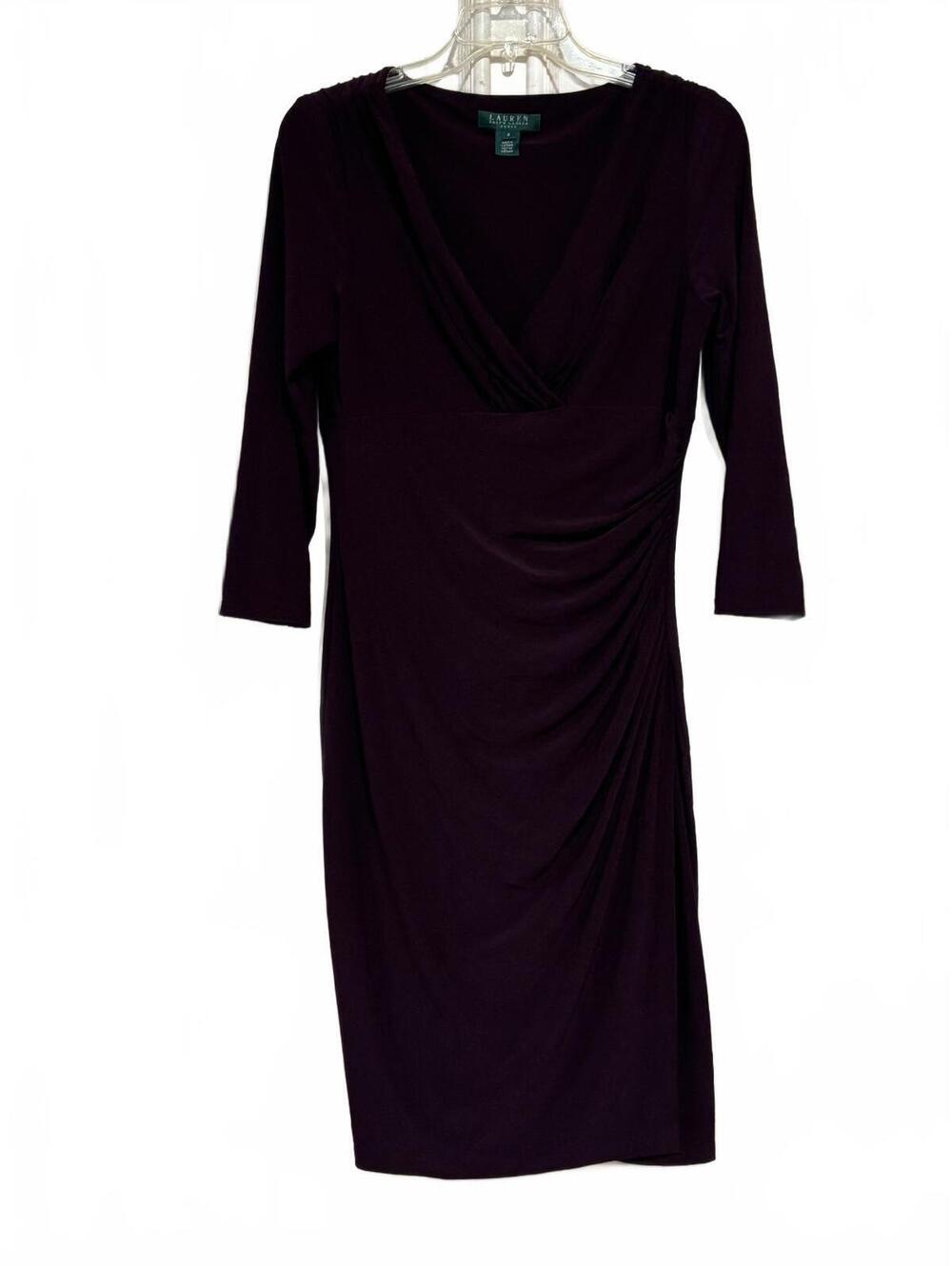 Lauren Ralph Lauren Women's Purple Ruched V-Neck Midi Dress Size 8